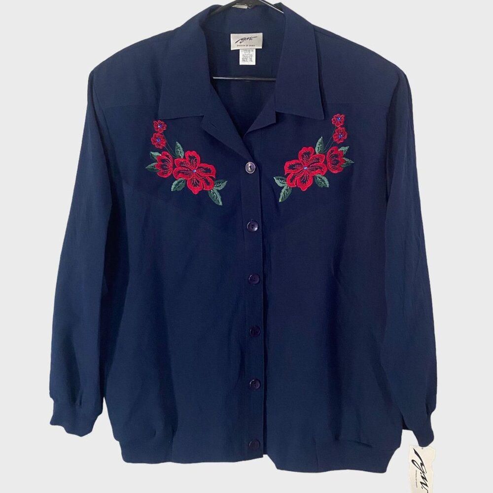 Vintage G.W. Division Of Graff Floral Embroidered Button-Up Blouse Womens XL New